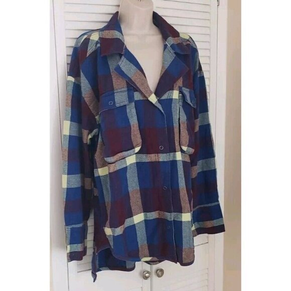 NEW WE THE FREE IZZIE PLAID FLANNEL CARGO SHIRT SHACKET BLUE YELLOW WINE SZ M - Picture 5 of 10